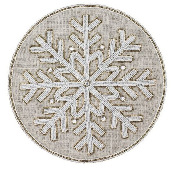 Holiday Christmas Beaded Snowflake On Jute Burlap Charger set of 6 placemats